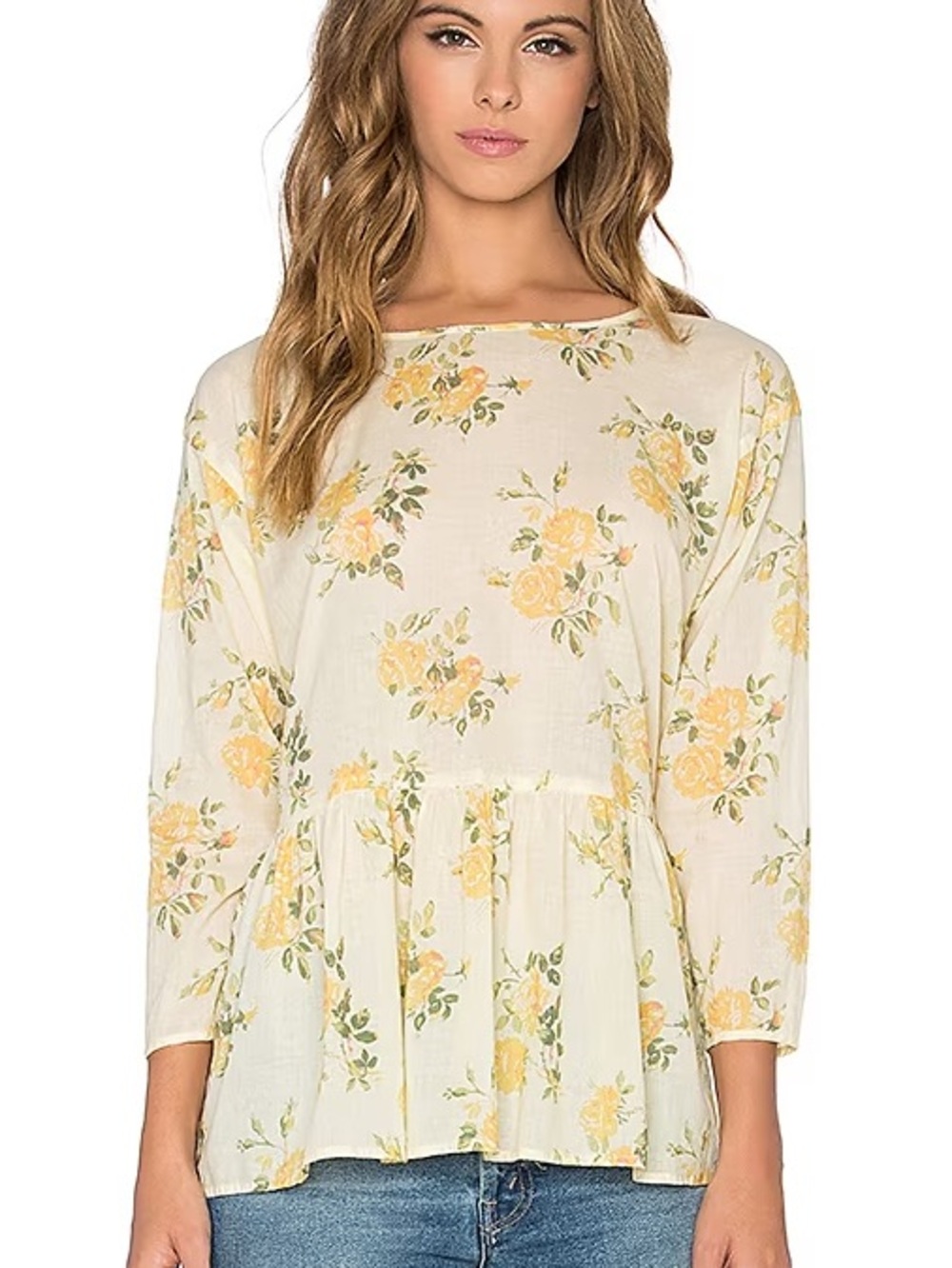 THE GREAT. The Wanderer Floral Long-Sleeve Peplum Top L